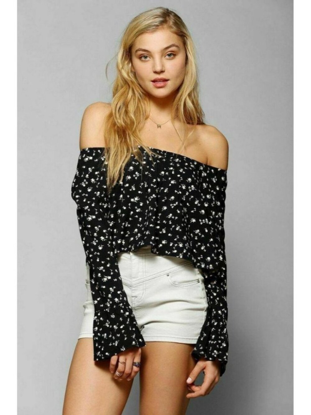 Stone Cold Fox Ninas Floral Print Black Bell Off Shoulder Top Blouse